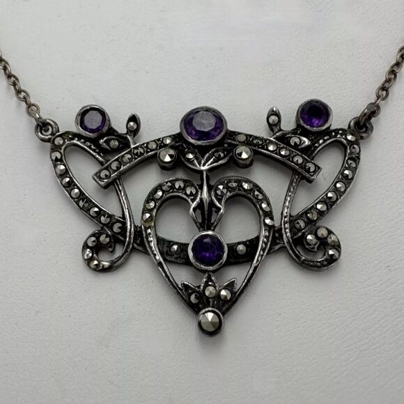 VINTAGE ART NOUVEAU REVIVAL STERLING SILVER MARCASITE AMETHYST PENDANT NECKLACE - Picture 4 of 5